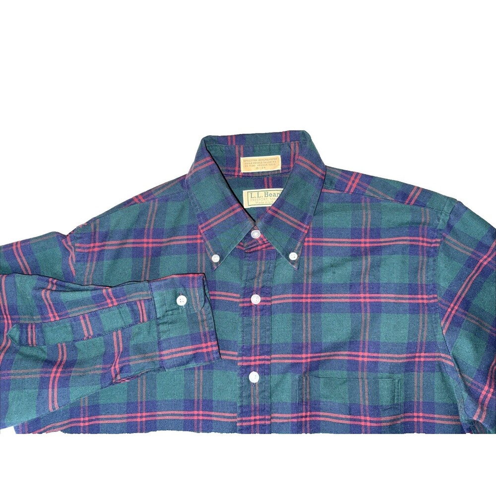 Vintage LL Bean Shirt Mens 15 34 Green Plaid Oxford Button Down OCBD Business 90